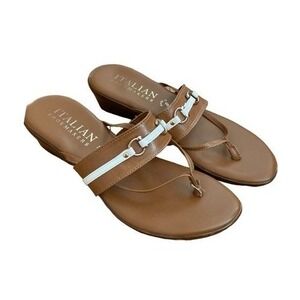 Italian Shoemakers Wedge T-Strap Sandals Tan White Gold Leather 7.5
